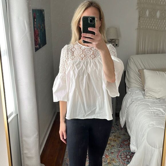 Chicwish Floral Crochet Panel Dolly Top with Bell Sleeves White Size‎ M - Picture 2 of 6